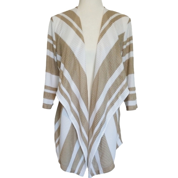 Chico's Travelers Tan White Mesh Striped Open Front Cardigan Cover-Up Duster - Picture 1 of 7